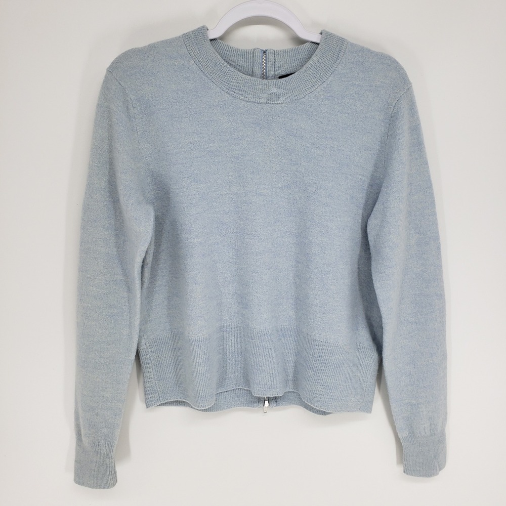 J Crew Back Zip Merino Wool Sweater Women Size M Blue E1386 Crewneck Pullover